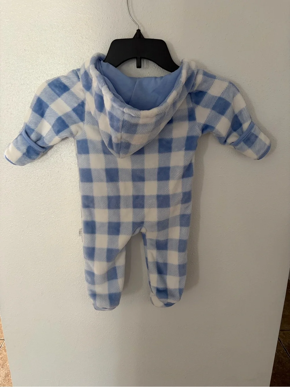 Cozy Blue & White Plaid Fleece One-Piece with Lion Applique